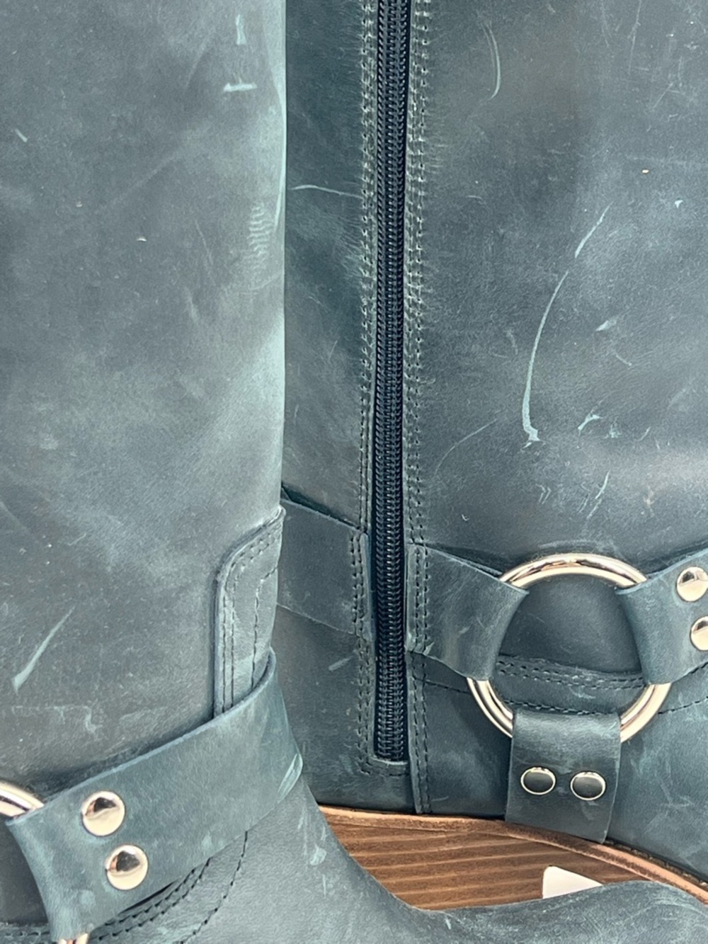 Jeffrey Campbell Reflection Blue Harness Mid-Calf Boots with Brown Stacked Heel - Picture 4 of 13